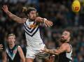 Ex-Melbourne player Luke Jackson (left) is making a big impression in the ruck for the Dockers. (Michael Errey/AAP PHOTOS)